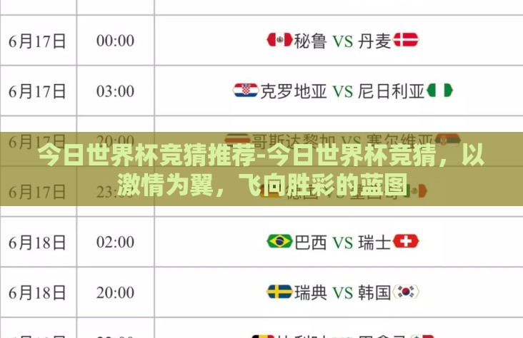 今日世界杯竞猜推荐-今日世界杯竞猜，以激情为翼，飞向胜彩的蓝图